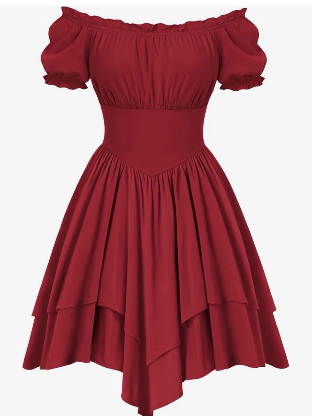 Scarlet Darkness Size XL - Off-Shoulder Dark Red Tiered Midi Dress with Pockets